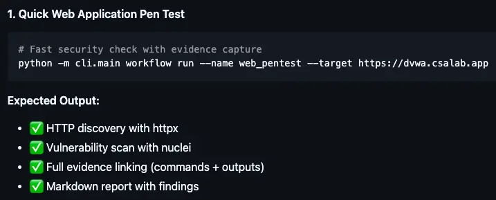 Guardian's "Quick Web Application Pen Test" example: a single CLI command whose expected output is HTTP discovery with httpx, a vulnerability scan with nuclei, evidence linking, and a markdown report