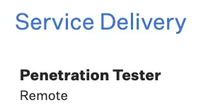 A careers page listing an open Penetration Tester role, remote, under Service Delivery